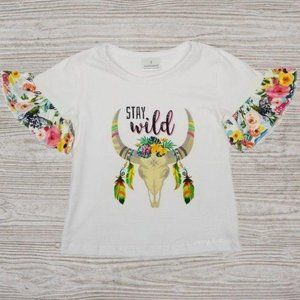 Stay Wild Cow Skull Floral Ruffle Sleeve Top